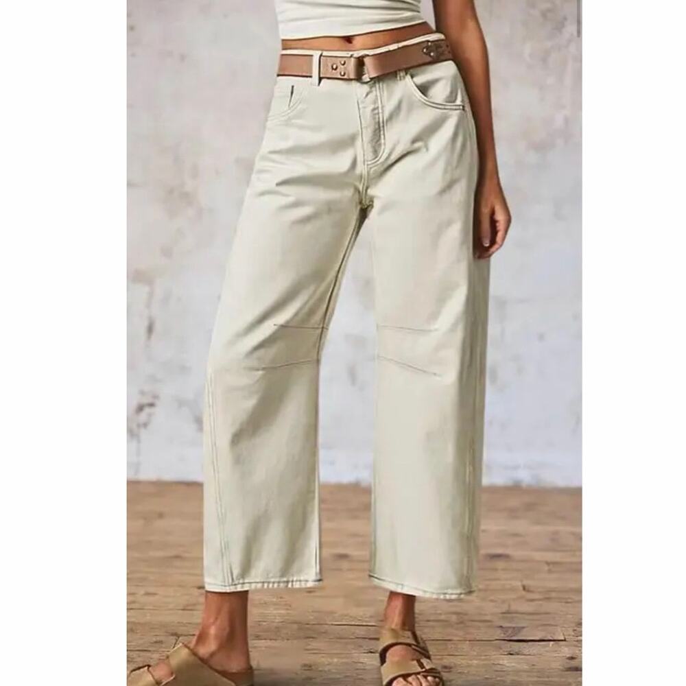 Flamingals Solid Stitch Detail Mid Waist Crop Straight Leg Pants (Barrel)